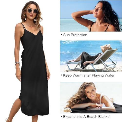 AUYAO Strandjurk voor dames, strandkleding en sarongs, zomer, bikini, rok, mouwloos, strandbadjurk met spaghettibandjes, lange losse en casual deken (zwart) - Image 5