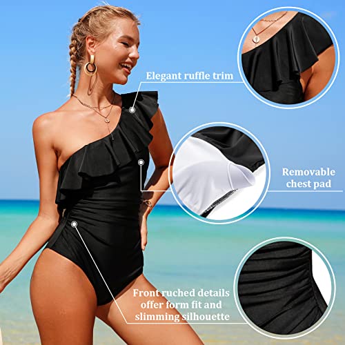 Xnova Vrouwen eendelig badpak, gegolfde asymmetrische één schouder badmode legt zomer monokini badpak, Zwart, S - Image 4