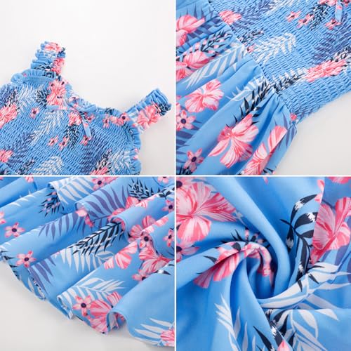 GRACE KARIN Meisjesjurk met bloemenprint, voor de zomer, A-lijn, midi-jurk, vrijetijdsjurk, strandjurk, tweelaagse zoom met ruches, 5-14 jaar, hemelsblauw, 8-10 Jaar - Image 4