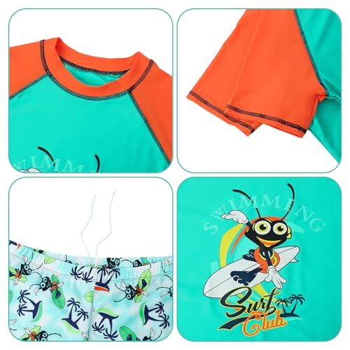KAKU NANU 3 Stuks Jongens Zwemmen Kostuum Zwemmen Shorts Top Hat 5-14 Jaar Peuter Badpak Korte Mouw Rash Guard T-shirt, Cyaan, 10-12 jaar - Image 2