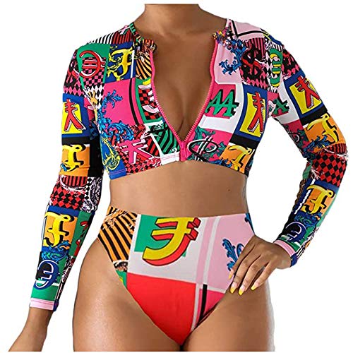 Tankini-badpak voor dames met ritssluiting Figuurvormend surfpak met lange mouwen Kleurrijke tankini Hoge taille tweedelige bikiniset voor dames Braziliaanse bikini Sexy, roze, XL