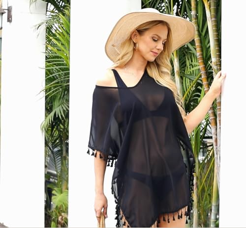 Chalier Strandponcho voor dames, zomer, bikini, badpak, cover-up strandjurk met kwastjes, herbruikbaar, A-zwart, One size - Image 7