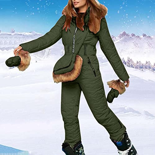 Skipak voor dames, sneeuwpak voor dames, waterdicht, met ski-zak, skihandschoenen, skihandschoenen, wollig, behaaglijk, ski-overall met capuchon van kunstbont, softshell-jas met rits, onesies, warm - Image 3