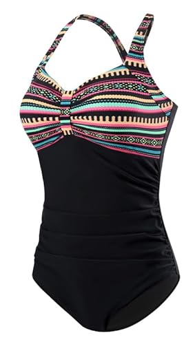 Laorchid Badpak voor dames, buikweg voor dames, badmode, V-hals, badpak, monokini, hoge taille, sport, zwempak, plooien, Boheemse strepen met zwart, XXL - Image 3