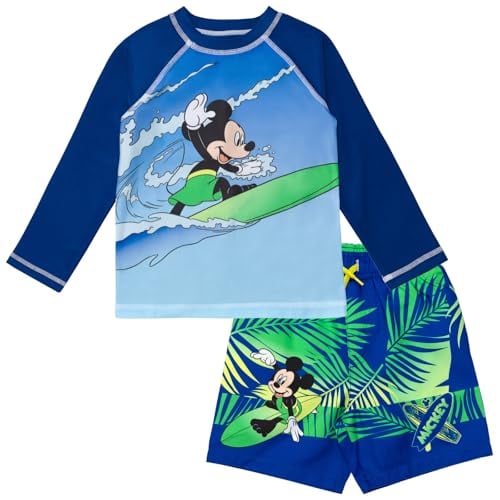 Disney Junior Surfboard UPF 50+ Rash Guard en zwembroek outfit set baby tot grote kinderen maten (12 maanden - 14-16), Blauw/marine, 24 Maanden