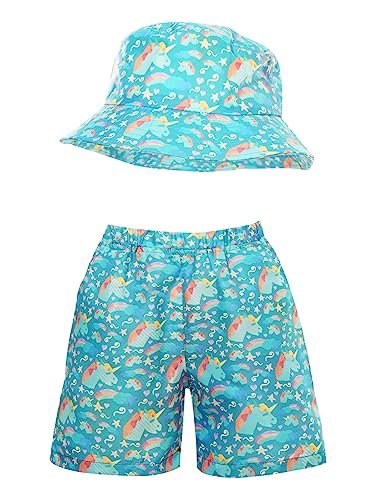 FEESHOW Kinderkledingset voor jongens en meisjes, zonnehoed, zwemshorts, set, zomer, vakantie, strand, outfit, emmerhoed, bermuda shorts set, blauwgroen, 110-116