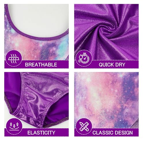 Gogokids Driedelig gymnastiekpak voor meisjes, lange mouwen, gymnastiekset met short en haarband, glinsterend balletpakje met kleurverloopdesign, voor 3 - 12 jaar, Paarse ster, 110(100-110 cm,5-6Y) - Image 4