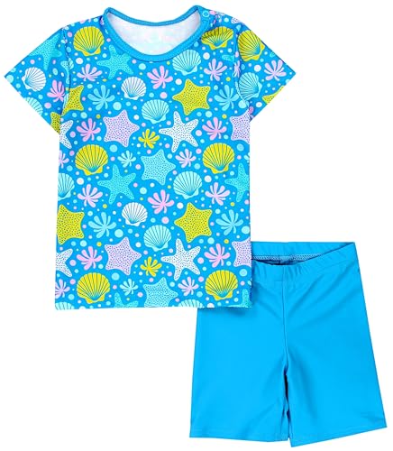 Aquarti Tweedelige Badpak Badset voor Meisjes Baby Zwemshirt Korte Mouwen Shorts Badmode, Schelpen zeester blauw geel, 80