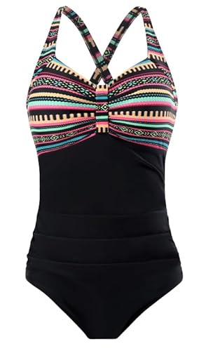 Laorchid Badpak voor dames, buikweg voor dames, badmode, V-hals, badpak, monokini, hoge taille, sport, zwempak, plooien, Boheemse strepen met zwart, XXL - Image 2