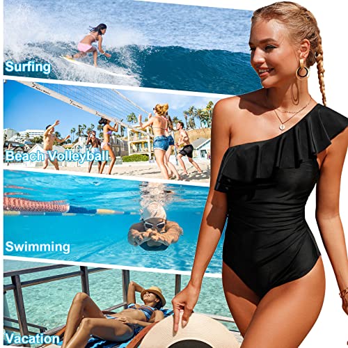 Xnova Vrouwen eendelig badpak, gegolfde asymmetrische één schouder badmode legt zomer monokini badpak, Zwart, S - Image 5