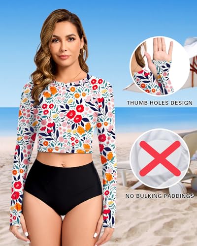 WOWENY Rash Guard Surf UV-shirt voor dames, watercrop, zwemshirt met lange mouwen, voor strand, surfen, ronde hals, badshirt, Bladdruk, S - Image 3