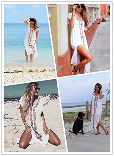 Merciy Boho strandponcho voor dames, zomerjurk, poncho, kaftan, strandjurk, bikini, tuniek, cover-up, wit, Eén maat - Image 6
