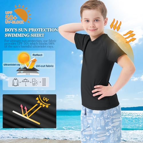 MEETWEE Badpak voor kinderen, Rashvest, lange mouwen/kort, UPF 50+ zonwering, Rash Guard 5-15 jaar, zwart, korte mouwen, 12 jaar - Image 2