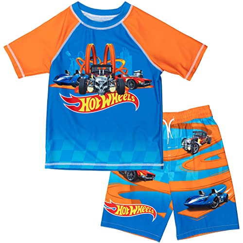 Hot Wheels UPF 50+ Pullover Rash Guard en Zwembroek Outfit Set Peuter tot Big Kid, Blauw, 10-12