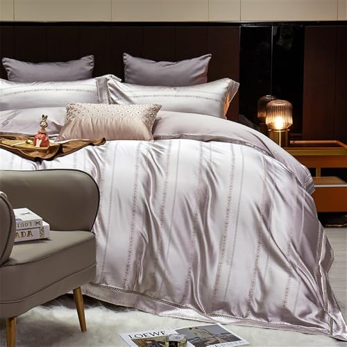 Zacht 4 Pieces Satin Striped Duvet Cover King/Queen Size Set All Season Luxury Silky Like Bedding Set with Flat Sheet and 2 Pillowcases Beddengoed(King 220X240cm 4pcs) - Image 4