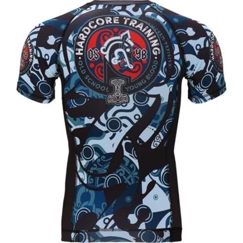 Hardcore Training Nordic Rash Guard Men Compressieshirt Lange Kort Mouw Basislaag MMA BJJ Jiu Jitsu Grappling Boxing (DE/NL/SE/PL, Alfabetisch, L, Regular, Regular, Black Light Blue) - Image 2